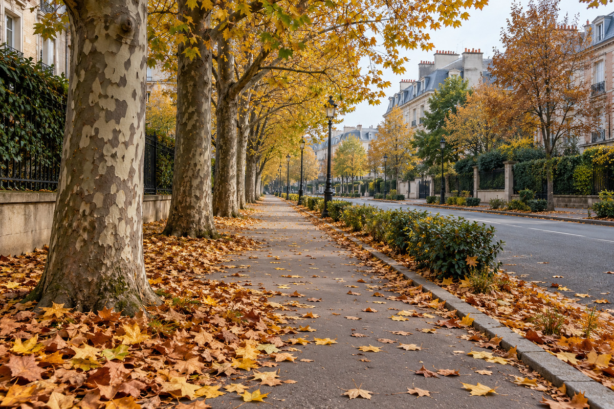 Autumn leaves along a Paris-region avenue