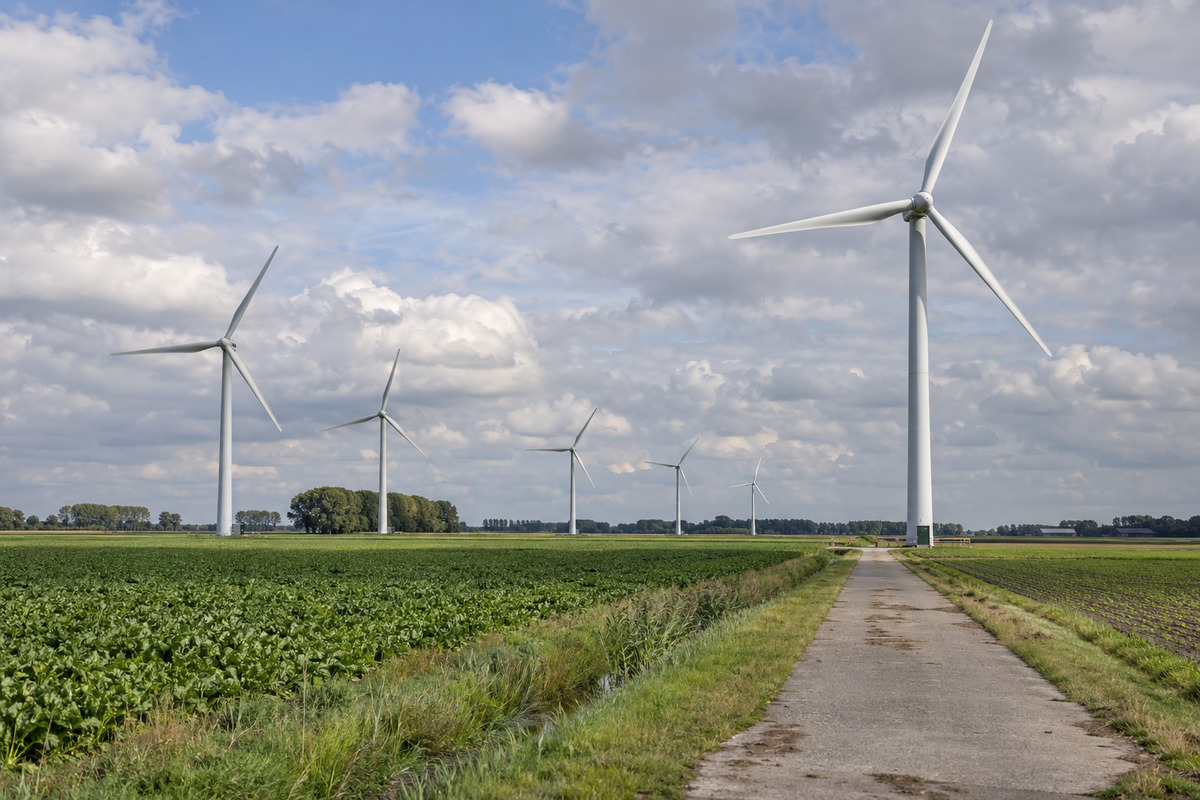 Wind turbines across Dutch agricultural fields